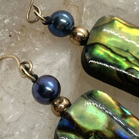 Vintage 10K Yellow Gold Abalone Shell Pearl Dangle Drop Earrings 2.2g - Picture 5 of 8